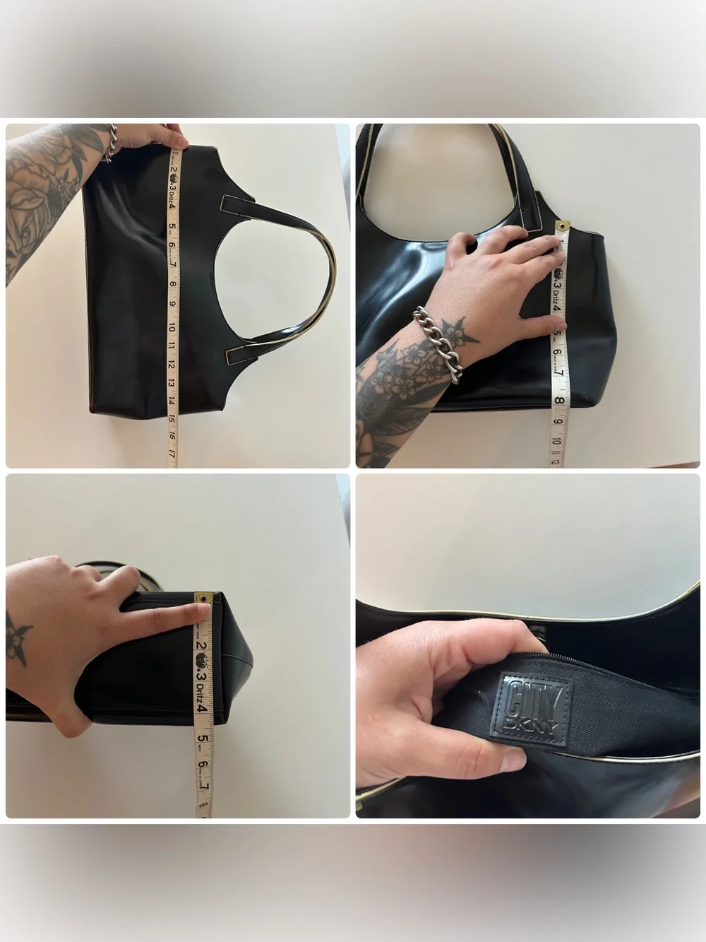 Vintage 90s City DKNY Black Patent Vegan Leather Glossy Shoulder Bag Minimalist